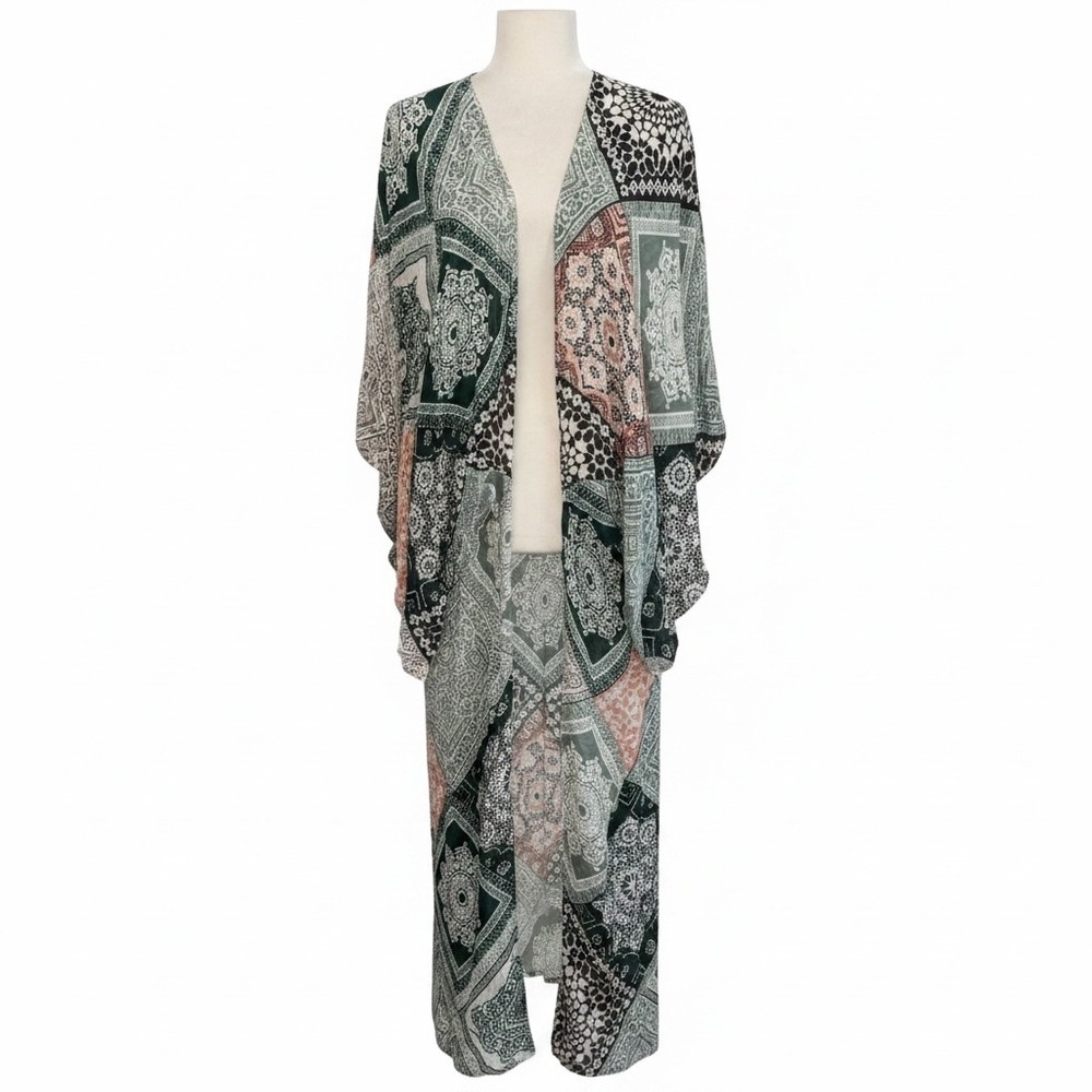 Women One Size Kimono Duster Boho Patchwork Mandala Long Beach Coverup Topper